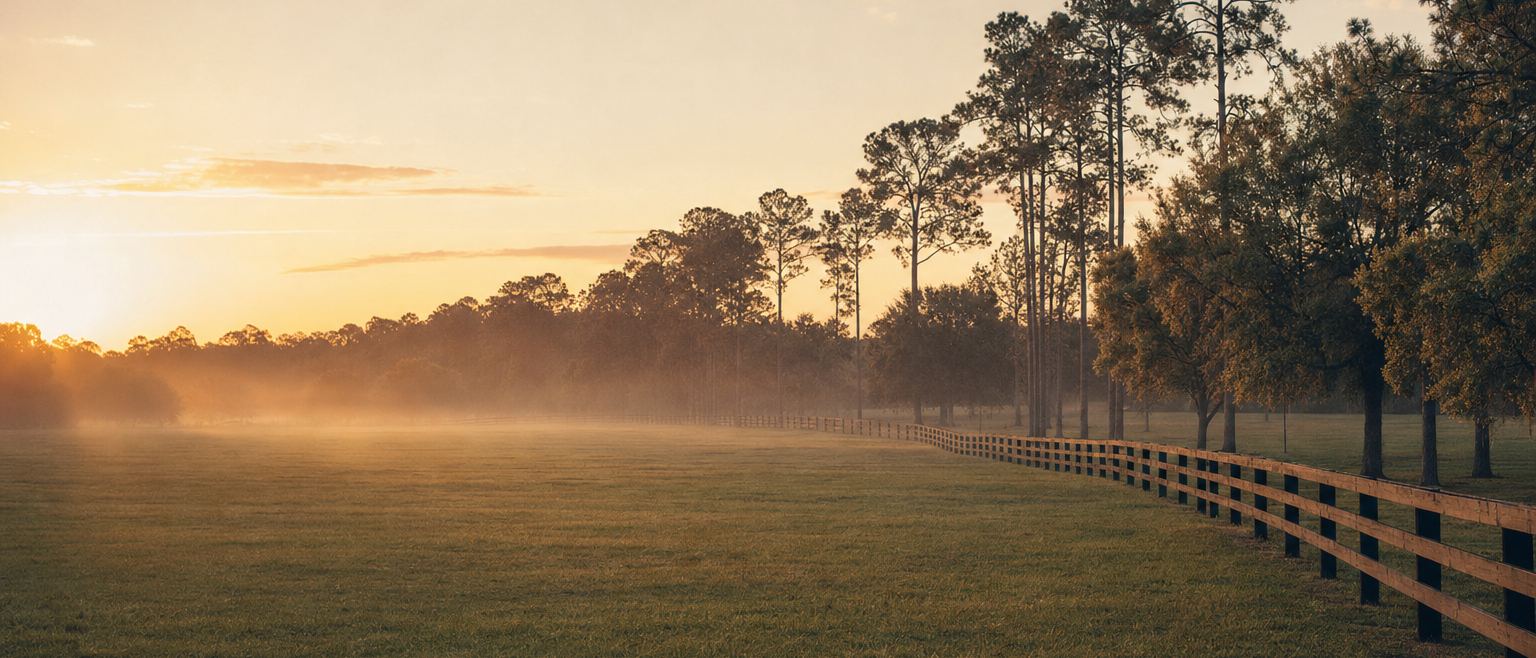 A wide green fenced training pasture at golden hour, with a long fence line running toward pines and low haze.